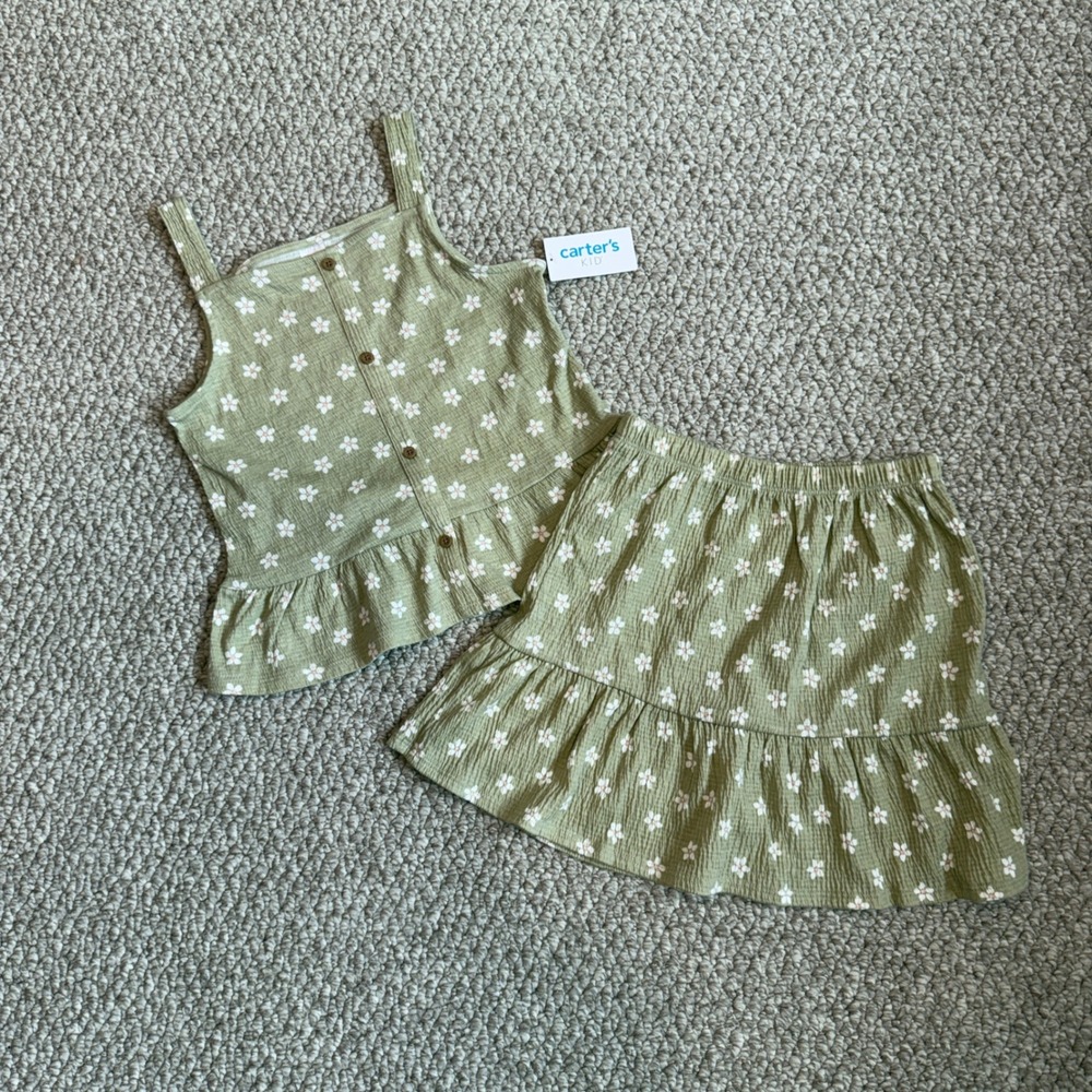 Carters Kid Girls Olive Green Floral 2 Piece Tank Top‎ and Skirt Set Size 8 NEW